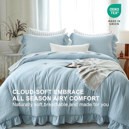 Image of Blue Ruffle Comforter Set Queen, Pre-Washed Shabby Chic Bedding Set, Lightweight Cottagecore Soft Romantic Cozy 1 Comforter & 2 Shams, All-Season