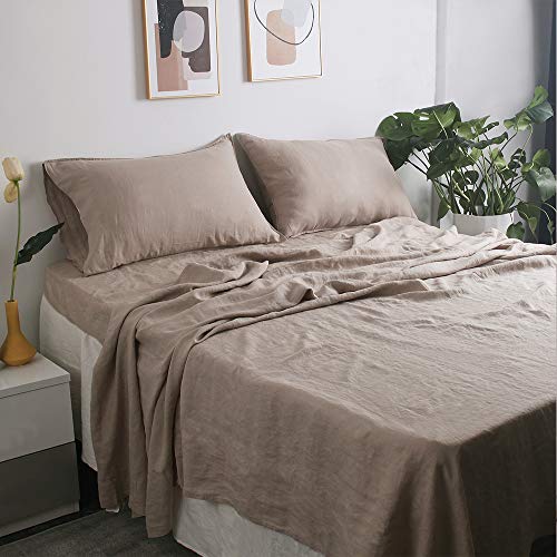 S VICTORY SYMBOL 100% French Natural Linen Bedding Ultra Soft Durable Luxurious Stone Washed 4 Pieces Sheets Set(Khaki,Queen)
