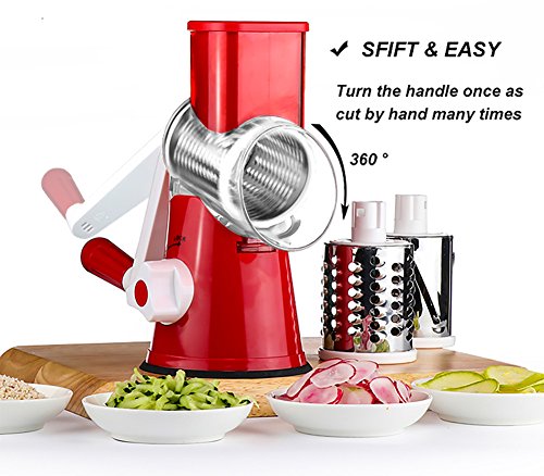 Image of Rotary Cheese Grater Shredder Chopper Round Tumbling Box Mandoline Slicer Nut Grinder for Vegetable, Hash Brown, Potato with 3 Sharp Drums Blades and Strong Suction Base by Valuetool