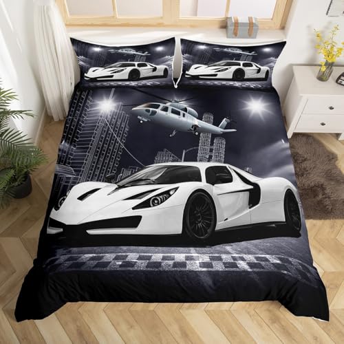 Feelyou Race car Airplane Bedding Set Black Grey White Speed Sports Car Duvet Cover for Kids Teens Racing Car Comforter Cover Extreme Sports Bedspread Cover Bedroom Decor 2Pcs Twin Size (No Comforter)
