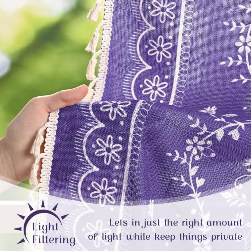 Image of Yinhua Boho Valance Curtains Vintage Linen Kitchen Valances for Windows Light Filtering Bohemian Floral Valance Rod Pocket Tassel Window Valances for Bathroom Cafe, 52 inch W X 18 inch L, Purple