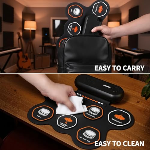 Image of Wireless Electronic Drum Set with 7 Pads, Portable Roll-Up Practice Kit for Kids & Beginners , Built-in Speaker, LED Lights, Recording & Headphone Output ,Includes Kick Pedal, Drum Sticks