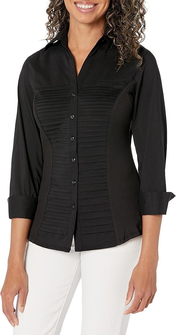 Zac & Rachel Women’s 3/4 Cuff Sleeve Button Down Top with Ribbed Knit Inserts for a Comfortable Fit