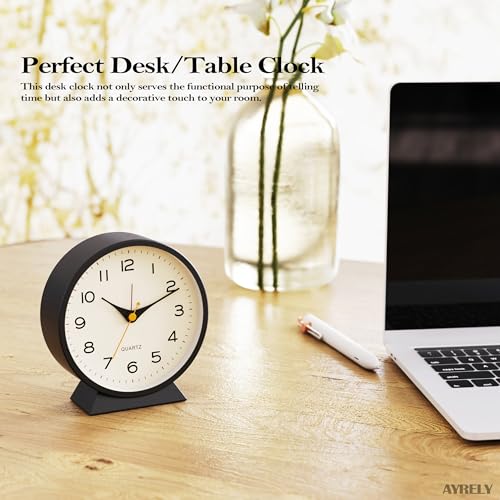 Image of AYRELY 4.5 inch Analog Alarm Clock,Small Retro Desk Clock Battery Operated,Silent Metal Table Clock with Light for Living Room Decor,Bedroom,Bedside,Shelf (Black)