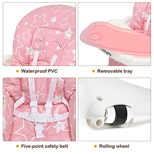 Baby Joy Folding High Chair For Babies & Toddlers, Infant Dining Chair W/Removable Dishwasher Safe Tray, 5-Point Safety Belt, Wheels, Detachable Cushion, Adjustable Backrest Footrest & Height (Pink) #TOP1