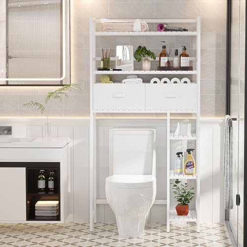 Homykic-Over-The-Toilet-Storage-Shelf-with-2-Fabric-Drawers-Bamboo-Above-Toilet-Organizer-Tower-Rack-with-Toilet-Paper-Holder-Stand-Bathroom-Space-Saver-Mass-Storage-No-Rust-White Homykic Over The Toilet Storage Shelf with 2 Fabric Drawers Bamboo Above Toilet Organizer Tower Rack with Toilet Paper Holder Stand Bathroom Space Saver Mass Storage No Rust White