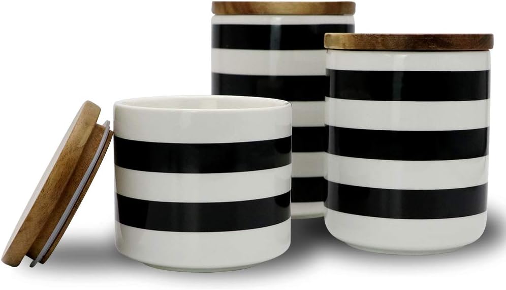 Ceramic Canister Set with Bamboo Lid Perfect Coffee Tea Food Storage Candy Sugar Canisters - Modern Design Porcelain Jar Kitchen Container,Gift for Women,Round White and Black Set of 3