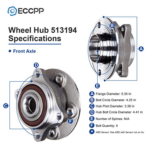 Eccpp Replacement For Pair Of 2 New Complete Front Wheel Hub Bearing Assembly 5 Lugs W/Abs For Volvo S60 S80 V70 Xc70 1999-2009 513194 X2 #TOP3
