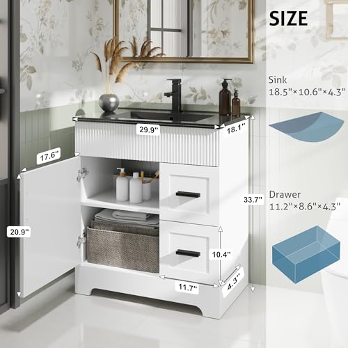 Image of eclife 30 inch Bathroom Vanities Sink Combo with Painted Surface, Modern Drawered Cabinet W /Decorative Wave Lines, Undermount Single Black Sink, Matte Black Faucet Drain, White