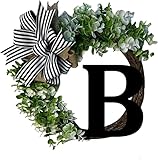 14inch Last Name Year Round Front Door Wreath with Bow Welcome Signs Garland Personalized Creative 26 Letter Farmhouse Wreath for Home Front Door (Black)