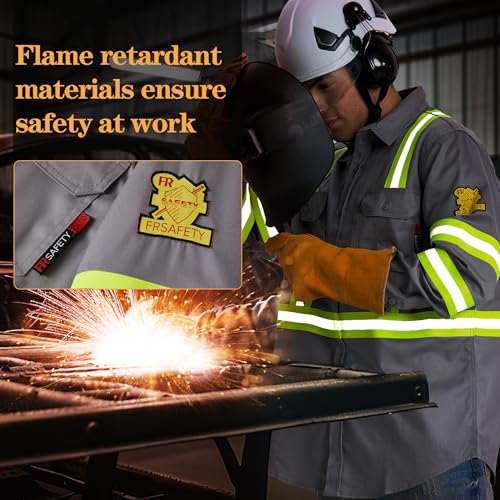 SRsafety Hi Vis FR Shirts for Men,7.0oz Long Sleeve FR Work Shirts,100% Cotton High Visibility Fire Shirt