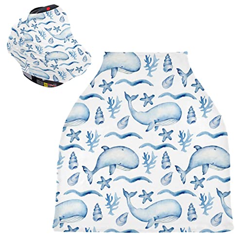 Image of Kigai Cute Whales Baby Car Seat Covers for Infants Newborn, Stretchy Nursing Cover Breastfeeding Carseat Canopy for Stroller High Chair Shopping Cart for Girls Boys