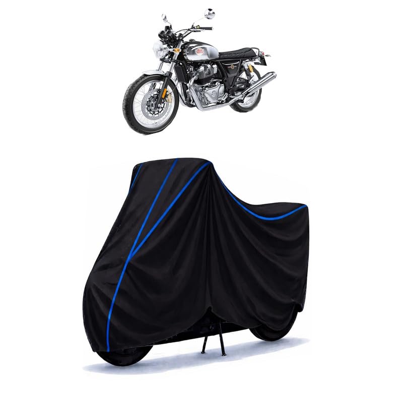 Image of Interceptor 650 Chrome Bike Cover Water Resistant Universal Motorcycle Rain | Heavy Duty UV Protection, Dust, Scratch Indoor Outdoor All Weather with Black Blue Piping Elastic