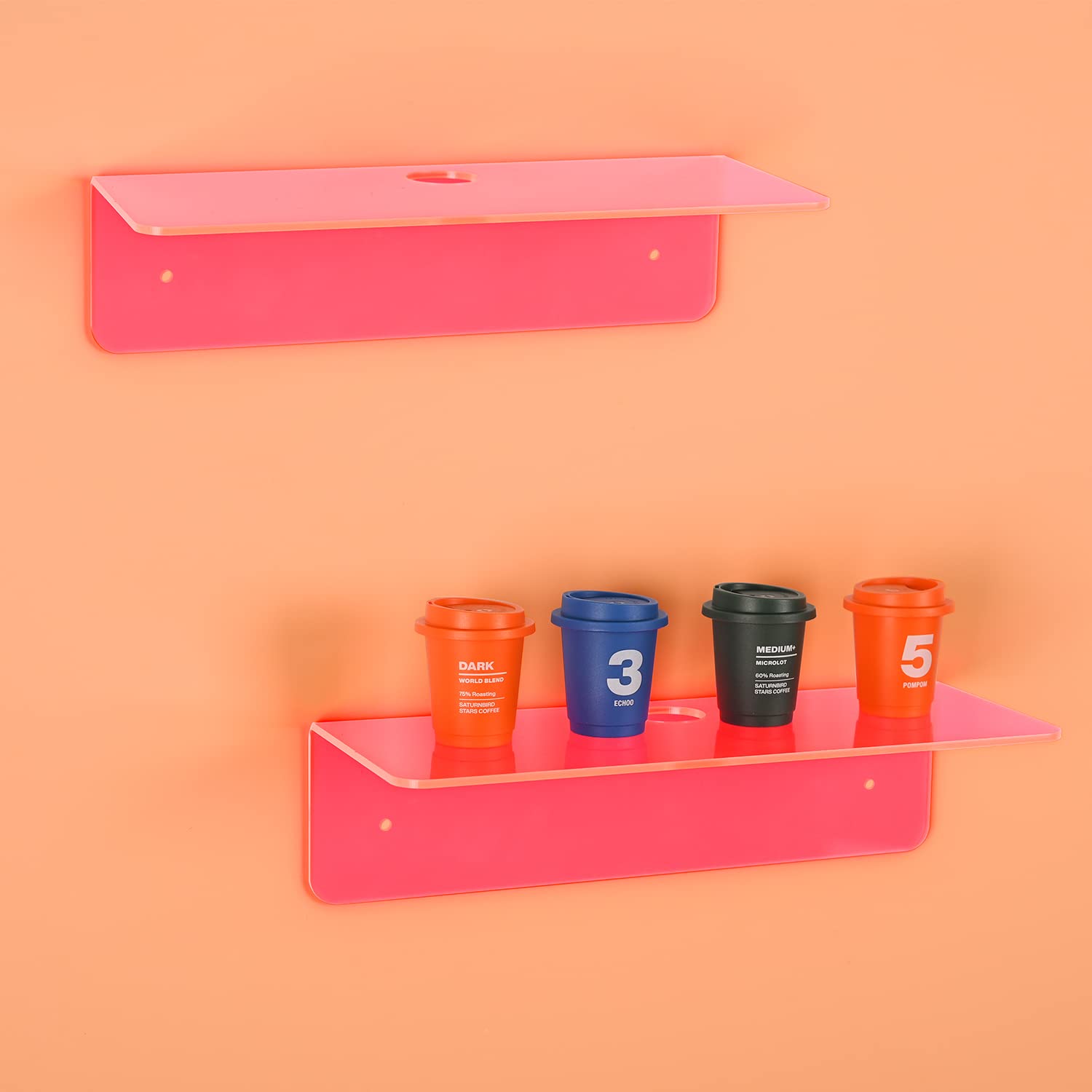 FAZMoss Acrylic Floating Wall Shelves Set of 2, -- 9 Inch Acrylic Wall Shelf for Gaming Room, Living Room, Bedroom, Bathroom, Office, with Cable Clips - 2 Types of Installation (Fluorescent Pink)