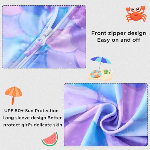 Image of UMELOK Girls Long Sleeve Rash Guard One Piece Swimsuits UPF 50+ Ruffle Zipper Bathing Suit 4-10 Years
