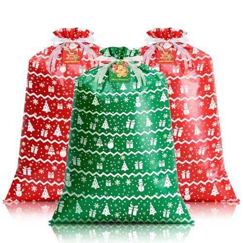 LIMUIKA Large Christmas Gift Bags 3 PCS 44x36 Extra Large Jumbo Plastic Gift Bags For Giant Huge Big Size Xmas Oversized Presents Santa Sack Christmas Bags with Tag & Tie