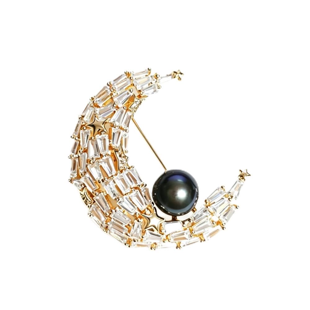 Broche de perlas de luna, combinado con incrustaciones de circonita tridimensional de lujo de perlas negras naturales, joyería elegante para bufandas, chaquetas, bodas y fiestas, viene con una caja de