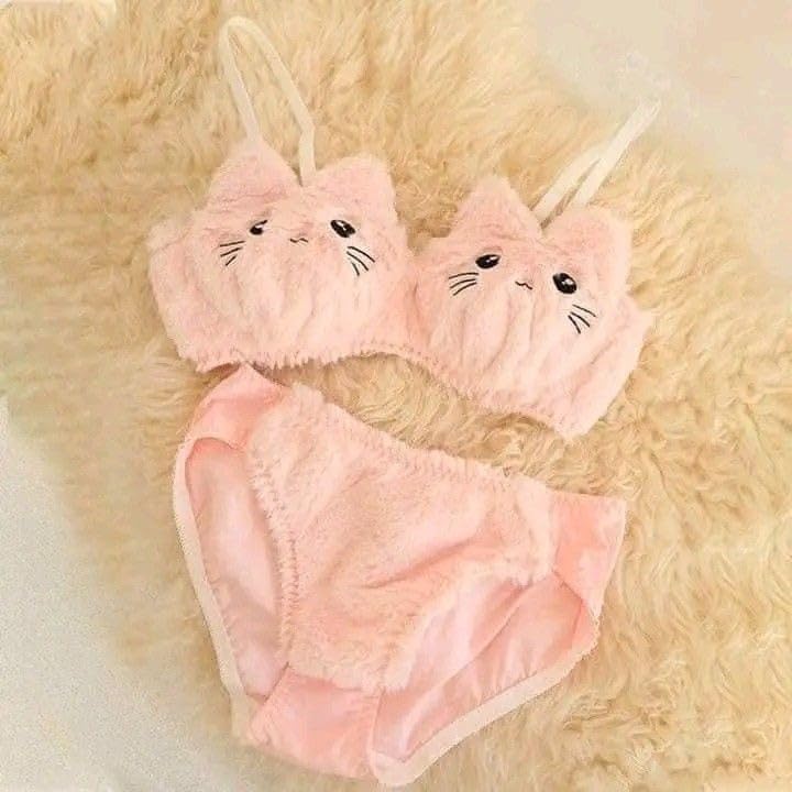 Image of Cute Kawaii Lingerie Set - Plush Kitty Design Adorable Bra and Panty Set in Soft Pink and Cream - Cosplay Lingerie Honeymoon Date Night Couple Gift Sexy Lingerie for Women