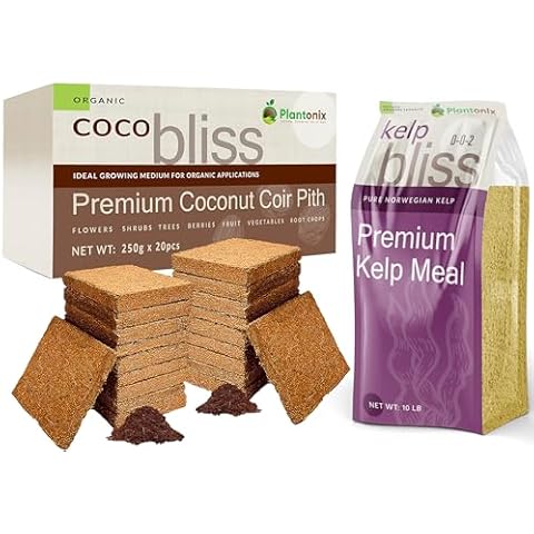 Coco Coir 250gm Bricks (20-Pack) + Kelp Bliss (10lbs) - Coco Coir Bricks & Kelp Meal Fertilizer for Plants - Organic Coco Coir for Plants, Flowers, & Gardens - All Natural Kelp Fertilizer for Plants Cover