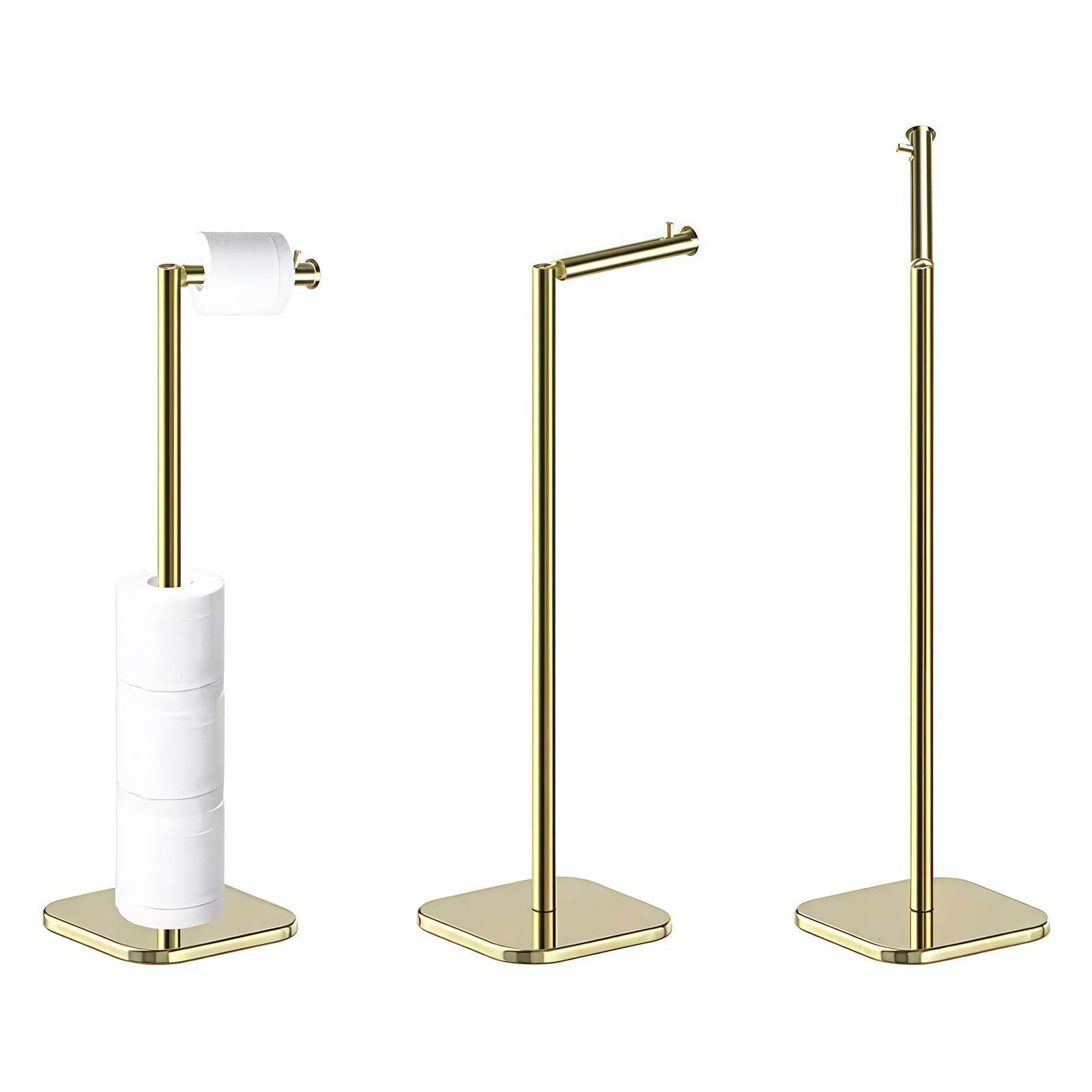Stainless Steel Toilet Roll Holder Free Standing with Heavy Duty Base, 2 In 1 Free Standing Toilet Roll Holder, Practical Design Toilet Roll Stand, for Bathroom Toilet Paper Holder 6 Rolls (Golden)