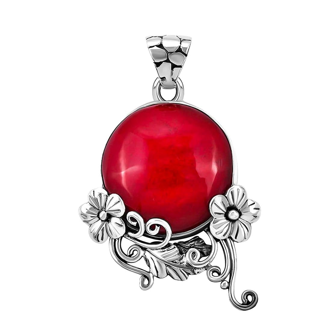 Red Coral Pendant in 925 Sterling Silver - Handmade Bali Coral Cabochon Pendant for Necklace - Natural Gemstone Birthstone Costume Jewelry for Women Birthday Christmas Gifts for Womens