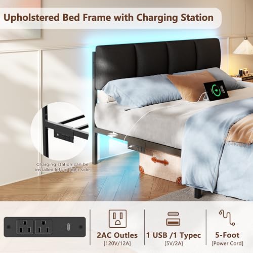 Image of Furnulem Queen Bed Frame with Upholstered Headboard and 2 Storage Drawers | Metal Platform Bed with Charging Station, LED Lights and Fabric Drawers, Noise Free, Easy Assembly, No Box Spring Needed