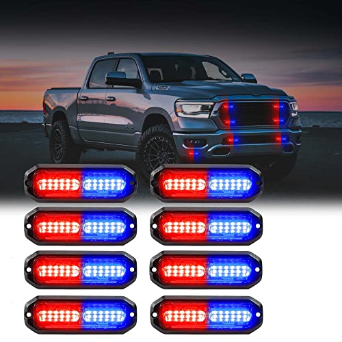 WINECO Red/Blue 8pcs Ultra Slim LED Emergency Strobe Police Lights Surface Mount Grill Grille Hazard Safty Warning Flashing Light for Volunteer Trucks Vehicles