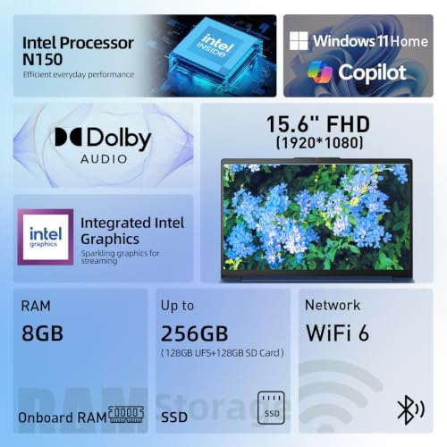 Image of Lenovo 15.6 inch FHD Laptop, Intel N150, 8GB RAM, 256GB Storage, Intel Graphics | (128GB UFS+128GB SD), 720p Camera With a Privacy Shutter, Business & Student Computer, Dolby Audio, Windows 11 Home, Grey