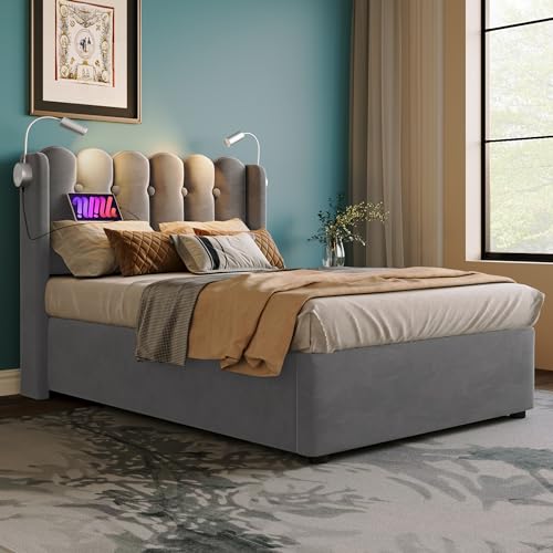 HYSZ Cama tapizada, cama individual, marco de cama, luz de lectura con función de carga, espacio para el cabecero, cama juvenil de terciopelo con somier, gris, 90 x 200 cm (sin colchón)
