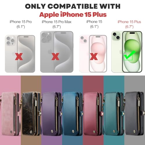 Defencase for iPhone 15 Plus Case, for iPhone 15 Plus Case Wallet for Women Men, Durable PU Leather Magnetic Flip Strap Zipper Card Holder Wallet Phone Cases for iPhone 15 Plus [6.7