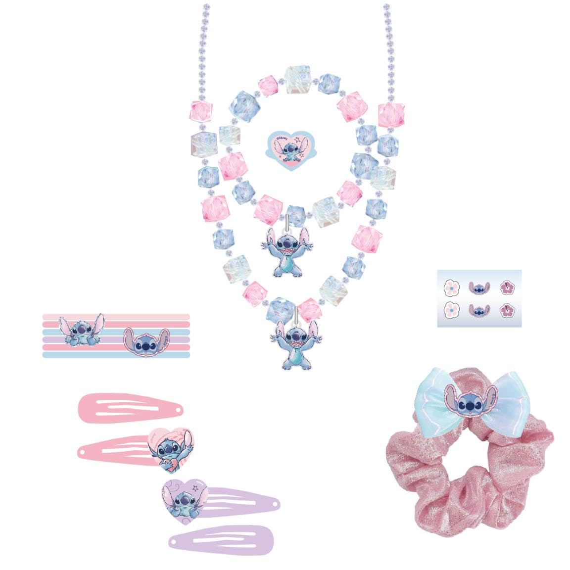 Set de Belleza Infantil de Stitch - Multicolor - Incluye 6 Coleteros, 1 Coletero de Tela, 4 Pinzas para el Pelo, 2 Collares, un anillo y pegatinas - Producto Original Diseñado en España