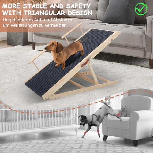 HundeRampe für Bett und Sofa mit Sicherheitsgeländer, höhenverstellbare Hundetreppe für Betten von 40cm bis 70cm mit Rutschfester Matte, Haustier-Rampe aus Holz für Hunde bis 80kg