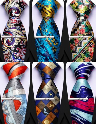 Image of Barry.Wang Mens 6 PCS Ties Silk Striped Paisley Check Floral Necktie Silky Woven Wedding Business Party Ties 3.34 inch