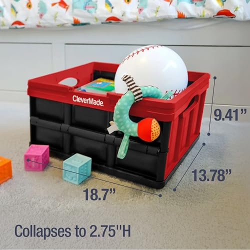 Image of CleverMade Collapsible Shopping Basket 32L - Folding Grocery Basket with Handles, Stackable Reusable Storage Crate with 35 lb Capacity, Recycled Plastic, Car Trunk Organizer - Red