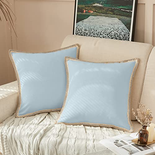 Fy Fiber House Pack Of 2 Farmhouse Decorative Throw Pillow Covers, Faux Burlap Linen Trimmed Tailored Edges Cushion Cover Pillowcases For Couch, Sofa, Bedroom, Baby Blue 20 X 20 Inches #TOP8