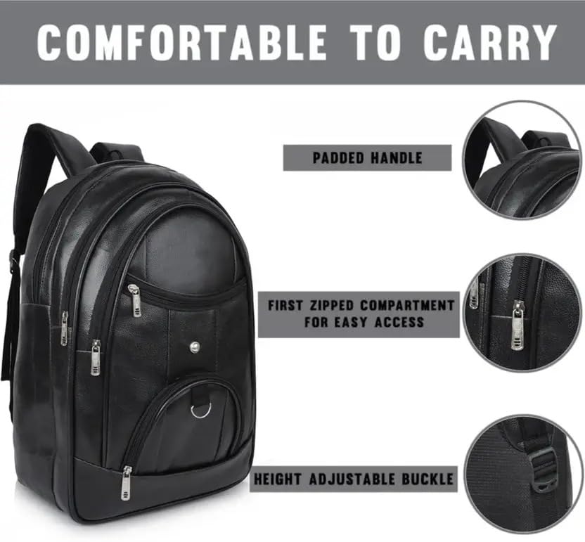 Image of Laptop Backpack for Men & Women | Black Faux Leather Office & Travel Bag 40L | Spacious Laptop Compartment | Front Organizer Pocket | College, Business & Daily Use