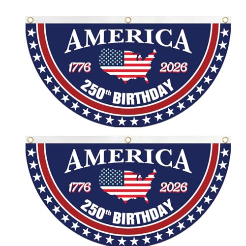 WENWELL 250 year anniversary Birthday Bunting Flag Patriotic USA Anniversary Fan Banner 1776-2026 2x4 FT Navy Blue Red White with Brass Grommets 2 Pack