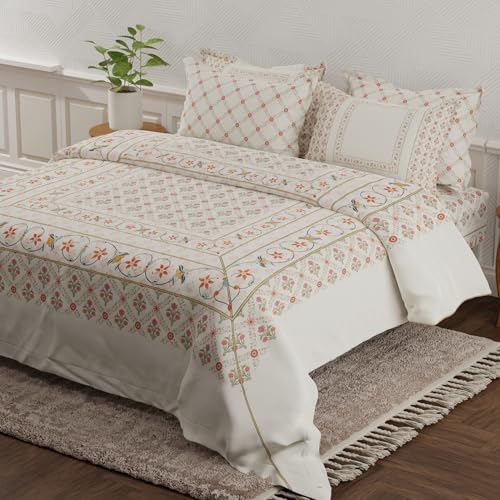 Image of BOUTIQUE LIVING Platinum Pulse 100% Cotton 800 TC White Digital Meenakari Print King Bedsheet with 4 Pillow Covers