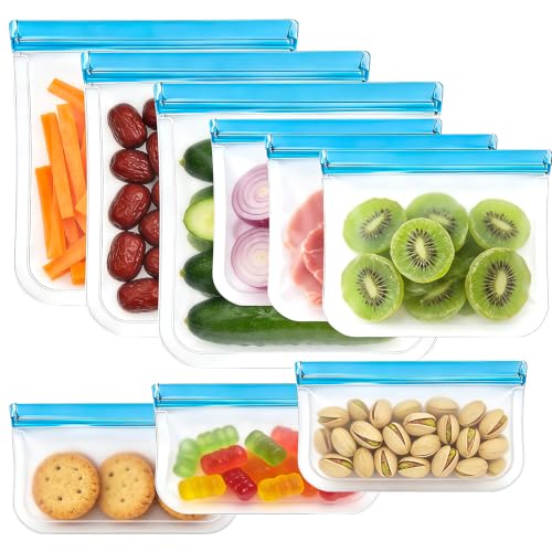 Image of 9 Pack Silicone Reusable Freezer Bags Set, 3 Sizes (Gallon /Snack /Sandwich) - Airtight, BPA-Free Reusable Plastic Bags for Food Storage & Lunch Container Organization Lock Bags