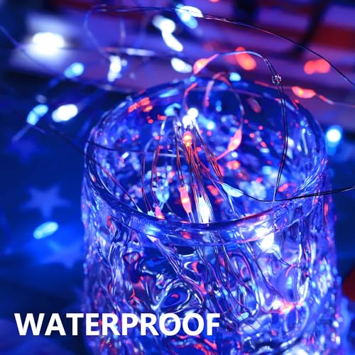 Image of Curyidy 4th of July Decorations Lights, Red White Blue Fairy Lights 2 Pack 100LED String Lights Remote Control Patriotic Lights for Independence Memorial Day Decorations
