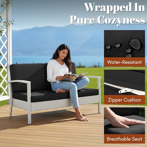 Image of DEVOKO Marbella 4 Piece Outdoor Wicker All Weather Balcony, Indoor, Porch, Garden, Terrace Patio Furniture Set with Cushion (White & Black)