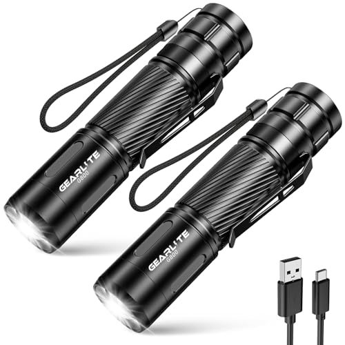 GEARLITE Led Taschenlampe Aufladbar, 2 Pack Superhelle Zoombare 2000 Lum Mini Torch mit 3 Lichtmodi & Langer Betriebsdauer, IP65 Wasserdichte Taktische Handlampe für Camping Angeln Wandern, Notfäll