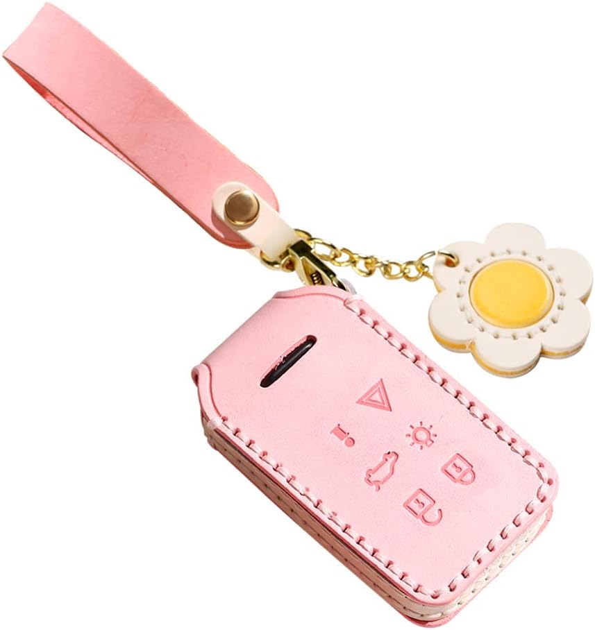 ontto 6-button Leather Car Key Cover Fit for Volvo Remote Key Case Stylish Key Skin with Keychian for S60 S80 V60 V70 Pink