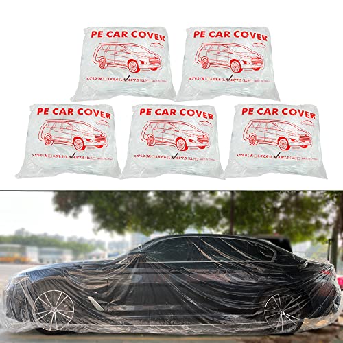 Image of LuliKa 5 Packs Disposable Car Cover Clear Plastic Car Cover Universal Rain Dust Garage Cover with Elastic Band (12.4 FT x 21.6 FT)