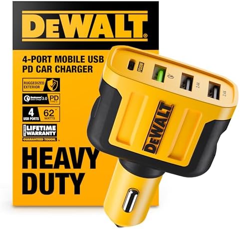 DEWALT Heavy Duty 4 Port USB C Car Charger Multiport, Fast 60W USB Cigarette Lighter Adapter, PD Type C Multi Car Phone Charger, Cell Phone Automobile Chargers Compatible iPhone 17/16/15 Samsung