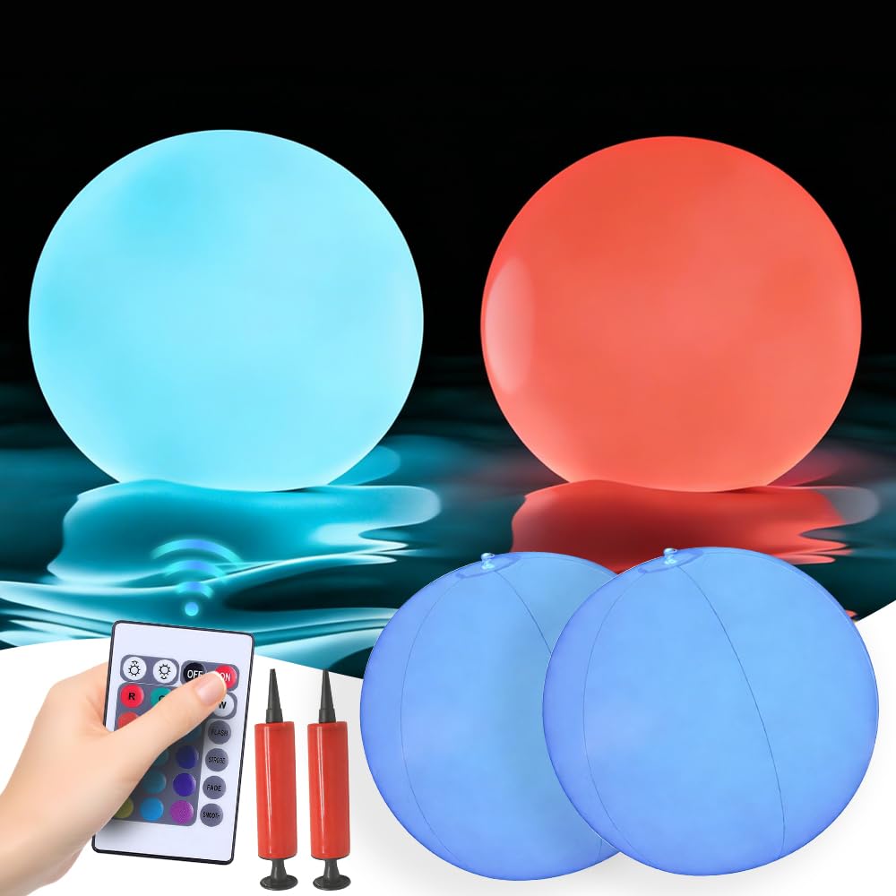 2 Stück Pool Lichter Schwimmend, 40CM Schwimmende Poolbeleuchtung mit Fernbedienung, IP68 Wasserdichte, 16 RGB Farbwechsel, Farbigen Schwimmkugeln für Pool Garten, Teich, Party