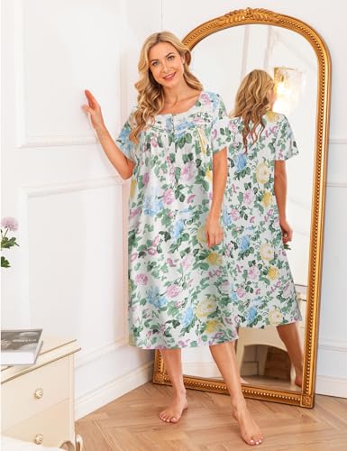 Image of Bloggerlove Nightgowns for Women Soft 100% Cotton House Dress Short /Long Sleeve Night Gowns Comfy Sleepwear S-3XL