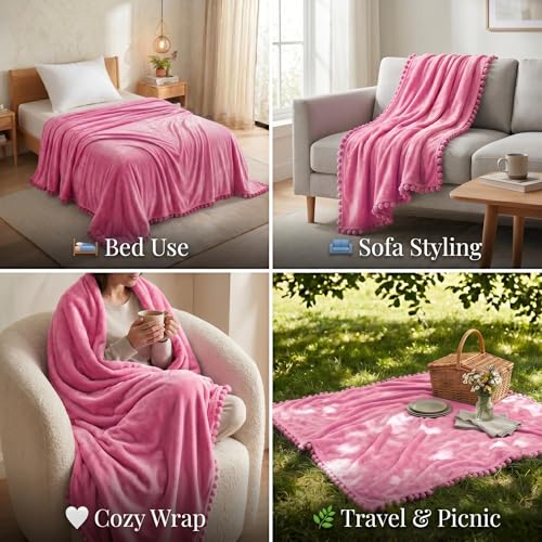 Image of BSB HOME 280 GSM Pom Pom Blanket, Ultra Soft Plush Fleece Throw Blanket with Pom Pom Fringe, Cozy Lightweight Warm Blanket for Sofa, Couch, Bed, Skin Friendly & Easy Care, 60 x 90 Inches - Rose Pink