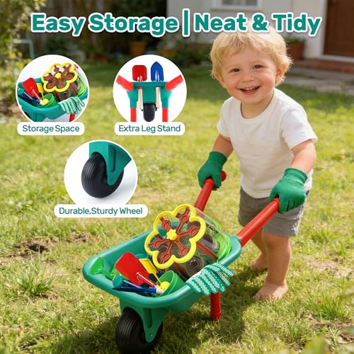 Image of CUTE STONE Kids Gardening Set for Toddlers 3+ | Plant Growing Kit with Wheelbarrow, 3 Metal Garden Tools, Kids Grow House with Upgraded Irrigation, Outdoor Indoor STEM Toys