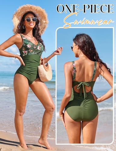 CMTOP Badeanzug Damen Bauchweg V Ausschnitt Einteiliger Badeanzüge Pushup Schlankheits Bademode One Piece Rüschen Bauchkontrolle Schwimmanzug Ruched Swimsuit Strandmode mit Bügel(Grüner Aufdruck,XXL) 2